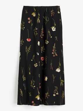 Floral Print Black Midi Linen Skirt